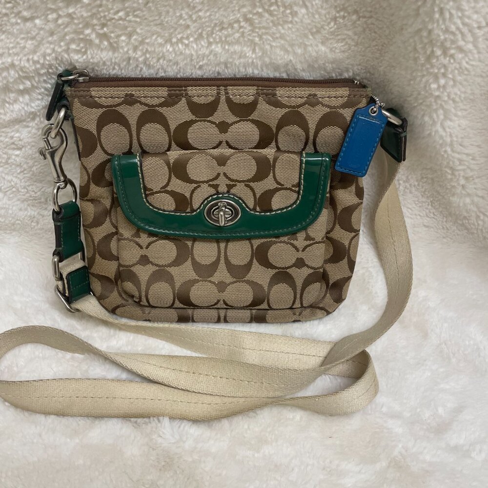Small Coach Signature Jacquard Park Swing Back Crossbody Brown/Green F49148